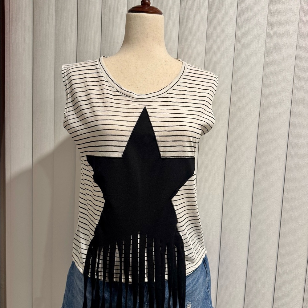 Striped Sleeveless Top with Black Star Fringe